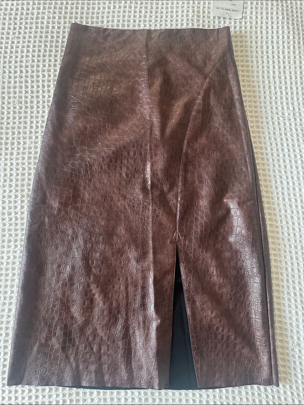 Croc-Embossed Brown Midi Skirt with Front Slit